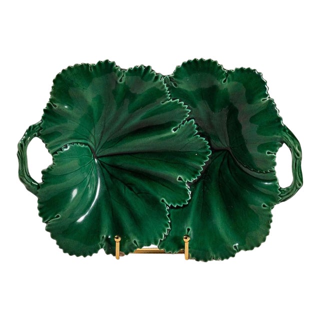 Copeland Green Majolica Overlapping Large Leaf Server C. 1860-1875 For Sale