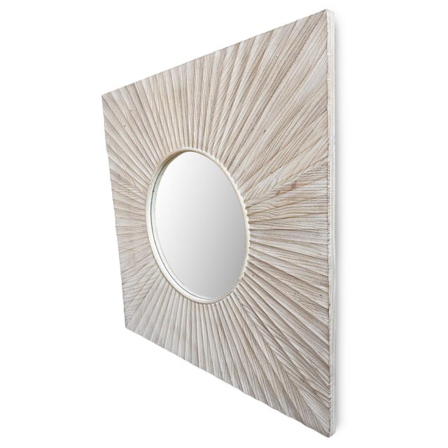 Mid-Century Modern White Wash Wood Sunburst Square Wall Mirror For Sale - Image 3 of 4