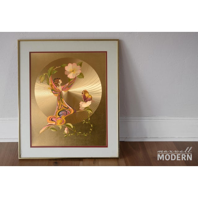 Amazing signed vintage 1970s hand-painted art with gold foil titled "Rose Nymph" from Michelle Emblem with shimmering...