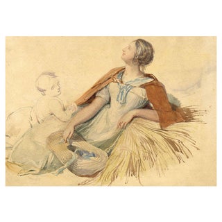 Joshua Cristall, Mother & Child by Haystack, Early 19th Century, Watercolour For Sale