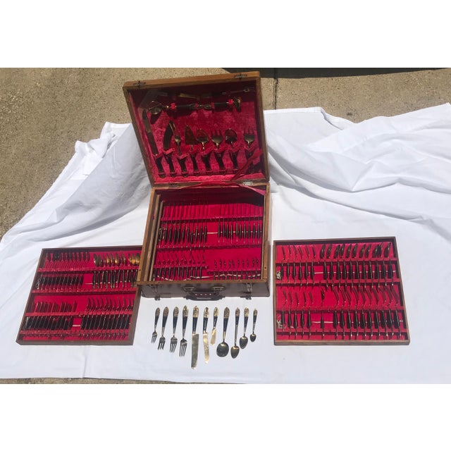 Brass Rosewood and Brass Siam Flatware Boxed Set - Service for 12, 144-Pieces For Sale - Image 8 of 12