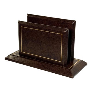 Vintage Genuine Brown Leather With Gold Tooling Letter Holder Desk Accessory For Sale
