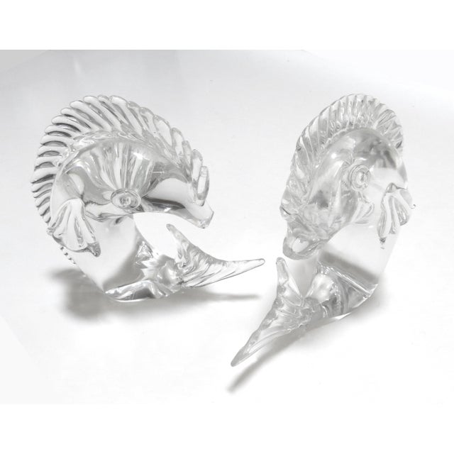 A fine pair of vintage Licio Zanetti Murano clear glass fish sculptures. Would make for a fabulous pair of bookends.