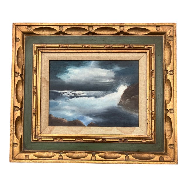 1970’s Original Abstract Rocky Seascape Chunky Carved Wood Frame Signed For Sale