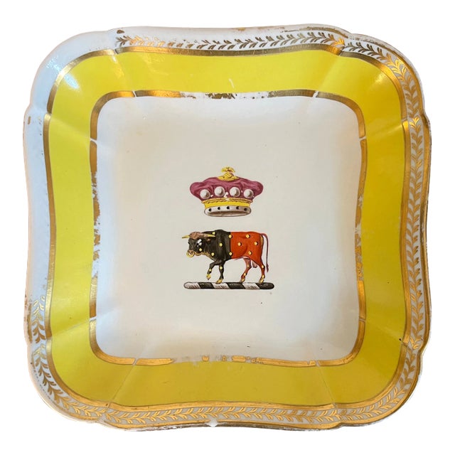 Antique Early 19th Century George III Coalport Porcelain Square Dessert Dish With Cow or Bull Crown Armorial Crest Circa 1810 For Sale