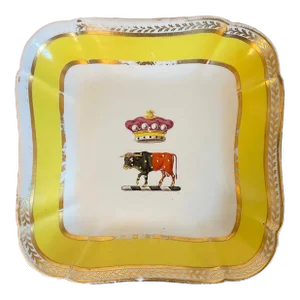 Antique Early 19th Century George III Coalport Porcelain Square Dessert Dish With Cow or Bull Crown Armorial Crest Circa 1810