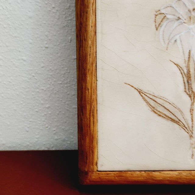 Painted Floral Tile, Oak Frame, McM, Artwork For Sale - Image 4 of 5