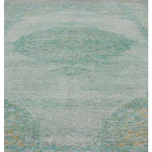 2010s Modern Oushak Rug With Floral Medallion Design in Various Shades of Green 6'7" X 9'2" For Sale - Image 5 of 11
