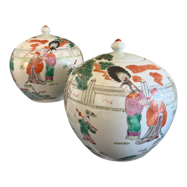 Pair Vintage Chinese Melon Jars | Famille Rose Porcelain Ginger Jars For Sale