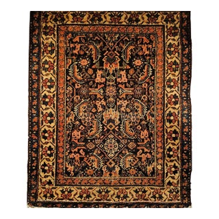 Vintage Persian Malayer Area Rug, Hand-Knotted Wool, Geometric Pattern, 4x4, Navy & Ivory For Sale
