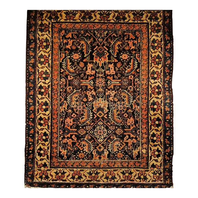 Vintage Persian Malayer Area Rug, Hand-Knotted Wool, Geometric Pattern, 4x4, Navy & Ivory For Sale