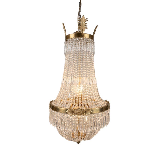 Large Basket Shape Chandelier in Brass and Glass For Sale