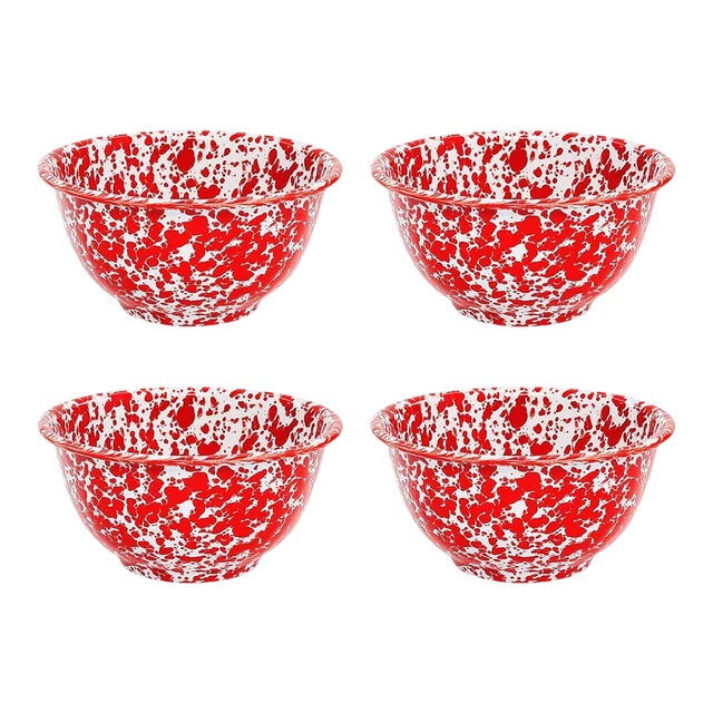 Crow Canyon Home Splatterware, 14 oz. Small Footed Bowls in Red & White - Set of 4 For Sale
