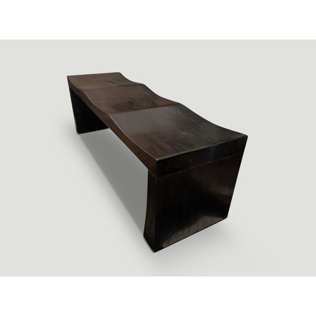 Andrianna Shamaris Triple Burnt Teak Wood Wave Bench For Sale - Image 4 of 5