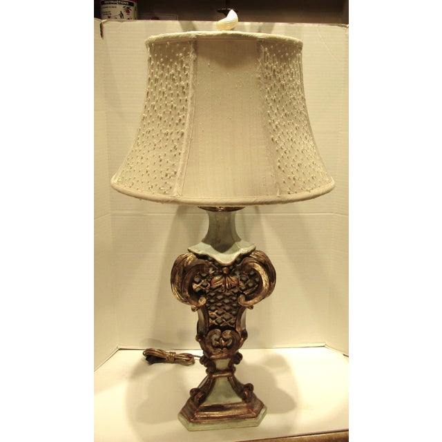 1970s Italian Baroque Style Hand Carved Wood Lamps Silk Shades - a Pair For Sale - Image 4 of 17