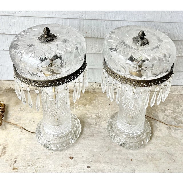 American Large Vintage American Brilliant Cut Flower Crystal Mushroom Parlor Lamps For Sale - Image 3 of 12