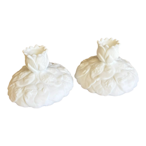Vintage Fenton White Satin Water Lily Candle Stick Holder - Set of 2