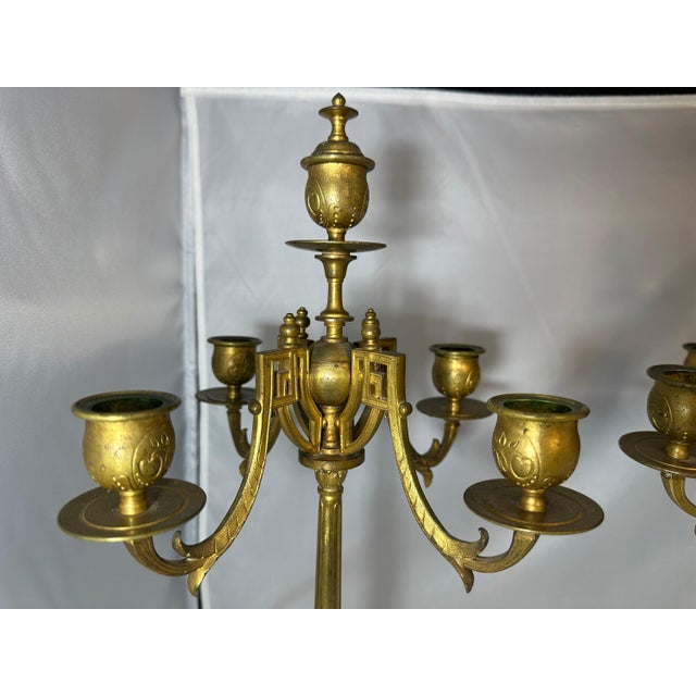 Traditional Antique Brass Candelabra Pair, Movement Gold Gilt Finish For Sale - Image 3 of 10