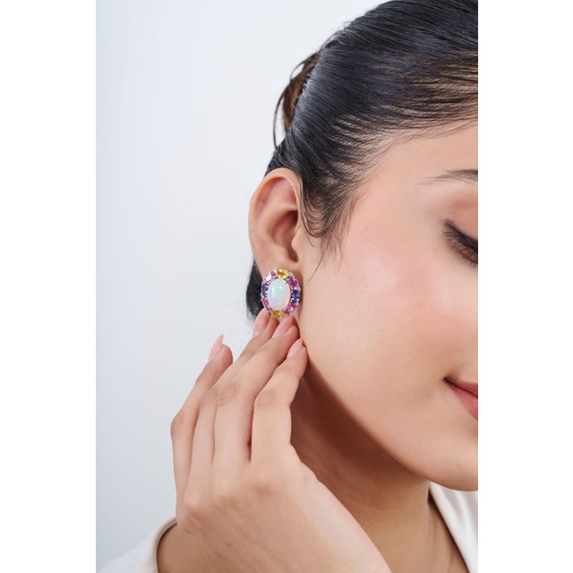 Not Yet Made - Made To Order 18k White Gold 18.2ct Opal & Multi Sapphire Cluster Stud Earrings With Diamonds- 2 Pieces For Sale - Image 5 of 15