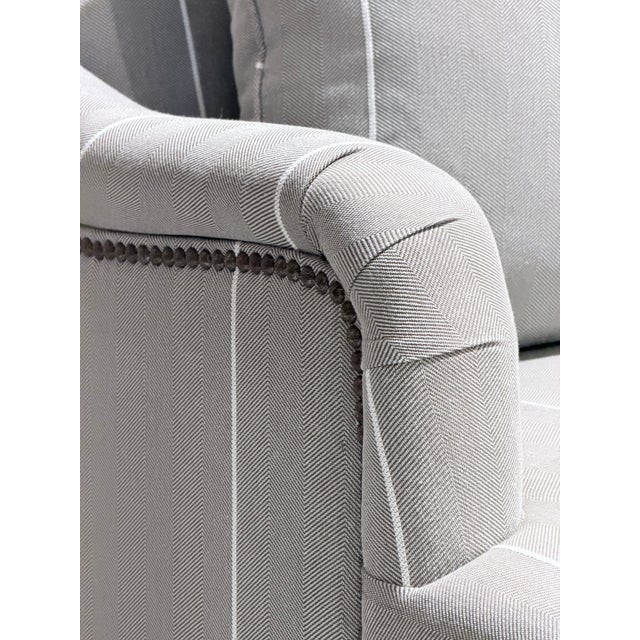 Late 20th Century Late 20th Century Pair of Bassett Neutral Pinstripe Linen Nailhead Accent Chairs With Casters For Sale - Image 5 of 11