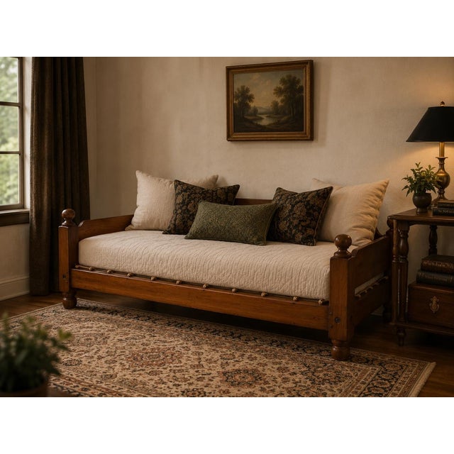 Charming antique American trundle bed crafted from walnut, featuring a warm aged finish, low-profile construction, turned...