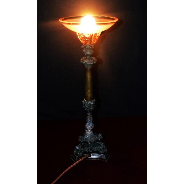Metal Victorian Bronze Table Lamp with Pink Empire Glass Shade, 1890 For Sale - Image 7 of 18