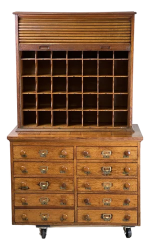 Antique Early 20th Century Oak Multidrawer File With Roll Top Pigeon Hole Top