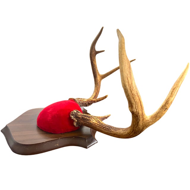 1980s Vintage Mounted Deer Antlers on Wood Plaque With Red Velvet Shield – Rustic Lodge / Ralph Lauren Equestrian Wall Decor For Sale - Image 5 of 5