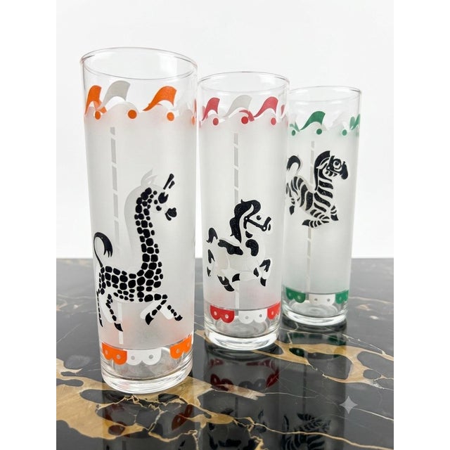 1950s 1950s Hazel Atlas Mid-Century Modern Frosted Carousel Animal Tumbler. Set of Six For Sale - Image 5 of 6