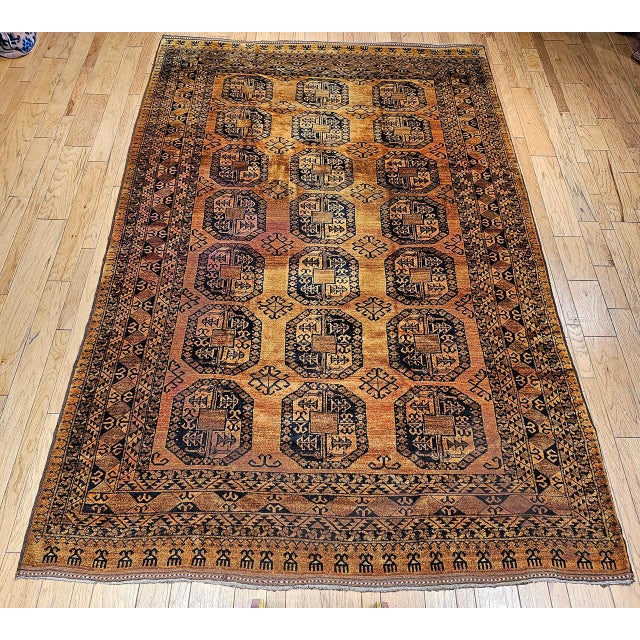 Brown Vintage Afghan Ersari Rug, Hand-Knotted Wool, Allover Geometric Design, Camelhair & Navy, 9’ X 13’ For Sale - Image 8 of 16