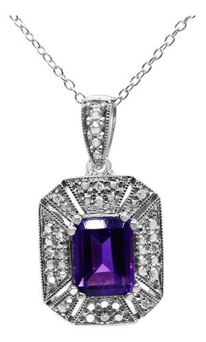 .925 Sterling Silver Purple Amethyst and Diamond Accent Art Deco Style 18" Pendant Necklace