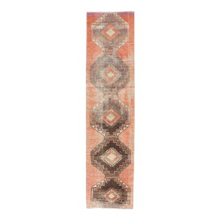 1960s Orange Geometric Turkish Hand-Knotted Runner Rug For Sale