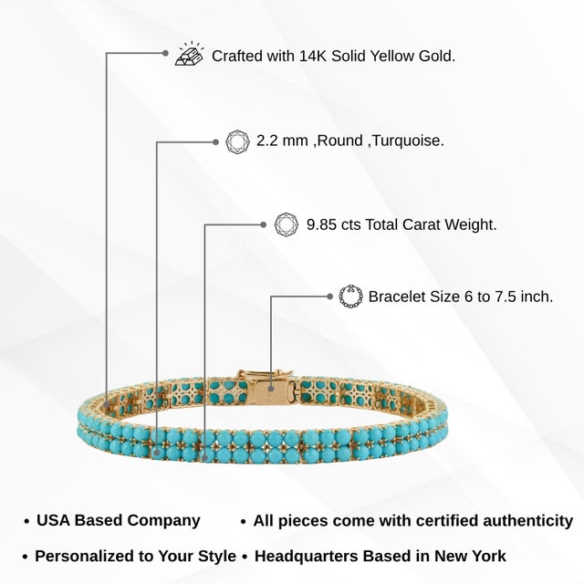 14k Yellow Gold Double Beaded 9.85ct Turquoise Tennis Necklace for Women For Sale - Image 12 of 16
