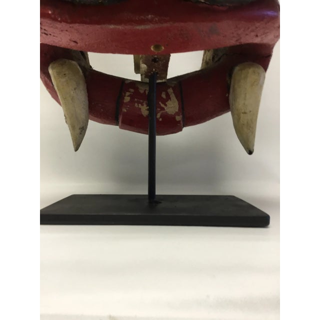 Brick Red Wooden Mask on Base Red and Yellow For Sale - Image 8 of 11