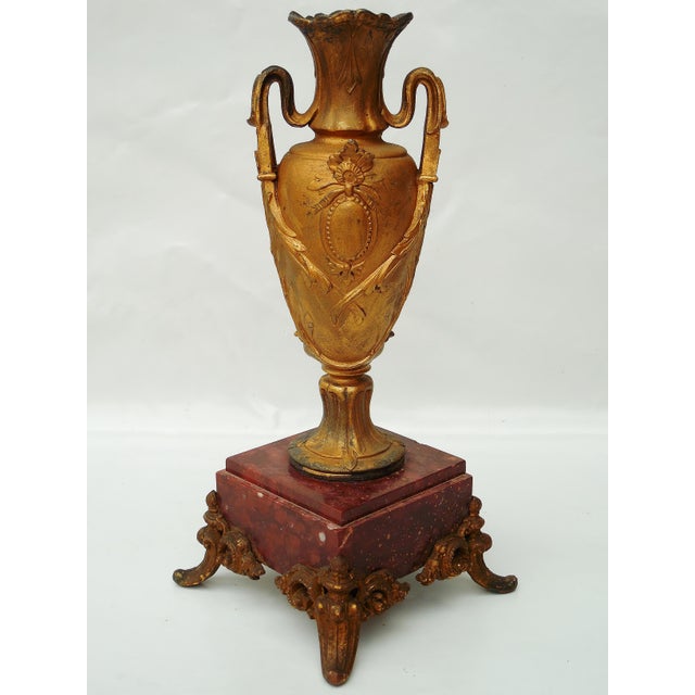 Antique Neoclassical Gilt Spelter Urn / Amphora Vase on Red Marble Base For Sale - Image 4 of 9