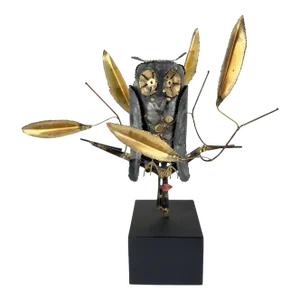 DeGroot Brutalist MCM Brass & Metal Owl Sculpture, Signed