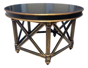 Vintage Ebonized Gold Gilt Round Hollywood Regency Maison Jansen Style X Stretcher Foyer/Dining Room Table