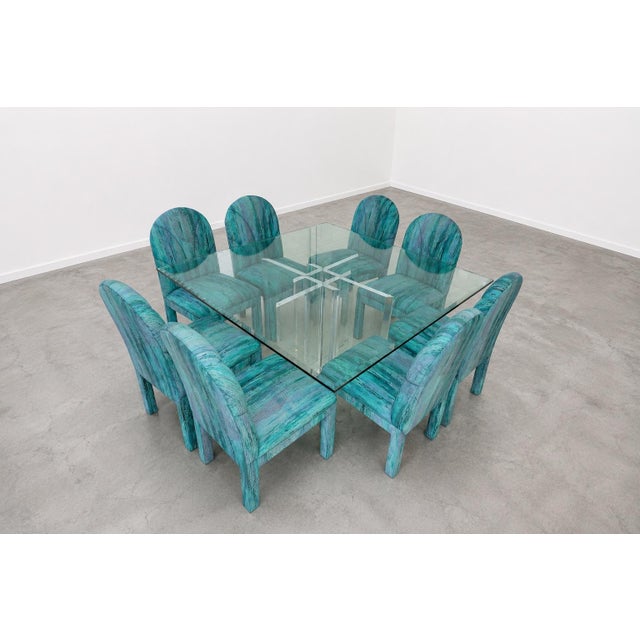 Blue PostModern Attributed to Jeffrey Bigelow 1990s Square Beveled Glass Dining Table With Lucite Base For Sale - Image 8 of 8