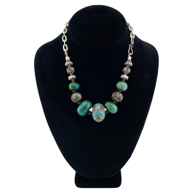Tribal Chunky Chinese Turquoise Bead Necklace With Sterling Silver Chain For Sale - Image 3 of 6