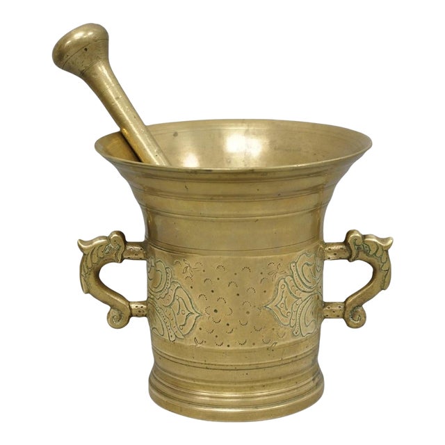 Vintage Primitive Solid Brass Mortar & Pestle Apothecary Medicine Herb Grinder For Sale