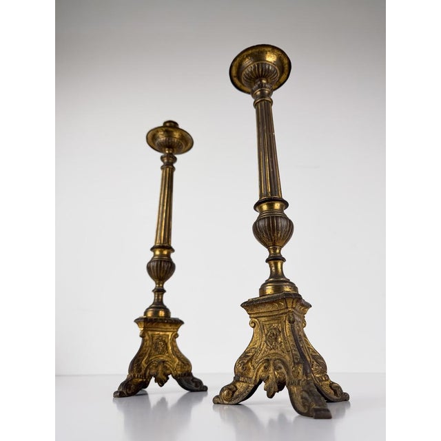 Italian Baroque Style Church Candlesticks in Gilt Bronze, Set of 2 For Sale - Image 6 of 17