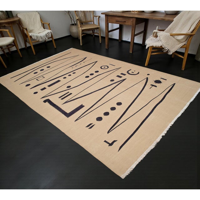 This authentic Oushak flatweave is a remarkable fusion of traditional Anatolian craftsmanship and modernist art history....