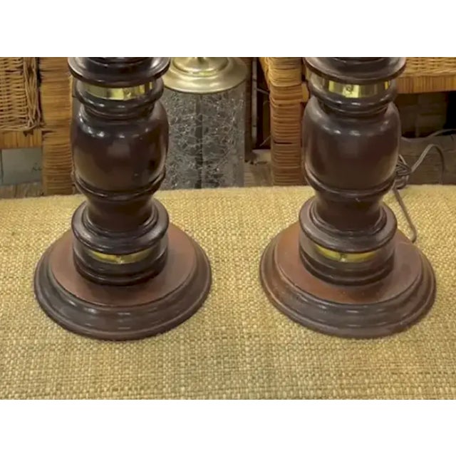 Mid 20th Century Pair of Mid Century Wood and Brass Lamps For Sale - Image 5 of 5