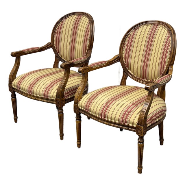 Ethan Allen Francesca French Louis XVI Upholstered Armchairs, Pair For Sale