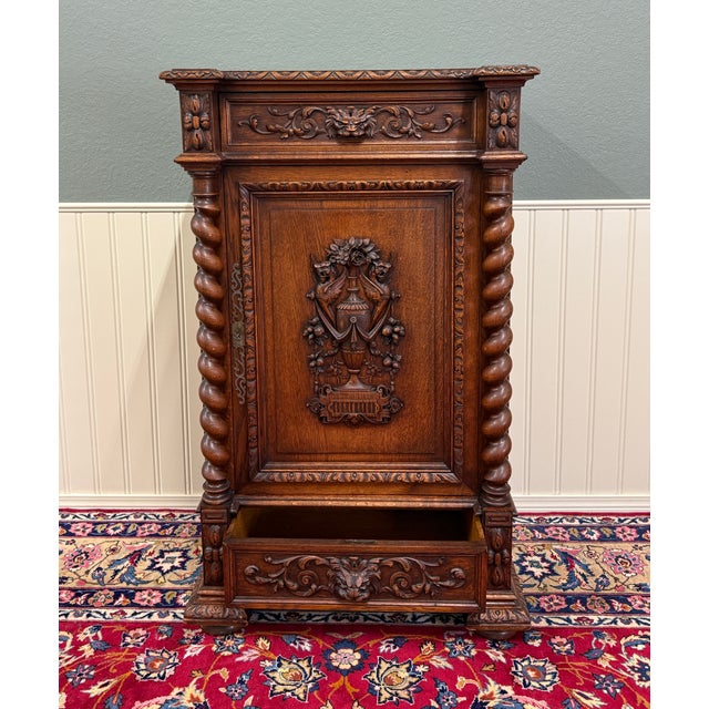 Antique French Renaissance Revival Oak Cabinet Barley Twist Carved Drawers 19thC For Sale - Image 10 of 17