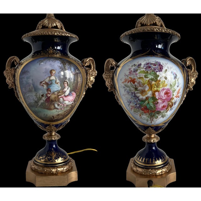 Manufacture de Sevres Antique Sevres Style Bronze Ormolu Têtes De Satyres Cobalt Blue Porcelain Table Lamp For Sale - Image 4 of 18