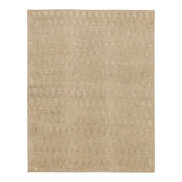 Contemporary Block Print Floral Beige Natural Silk Rug by Rug & Kilim, India For Sale