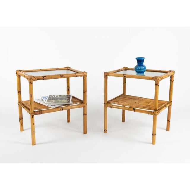 1970s Mid-Century Side Tables in Rattan, Bamboo and Smoked Glass, Italy, 1970s, Set of 2 For Sale - Image 5 of 13