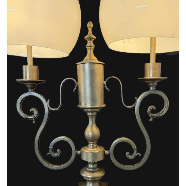 1950s Italian Brass & Wood Double Arm Student Lamp With Milk Glass Shades For Sale - Image 6 of 11