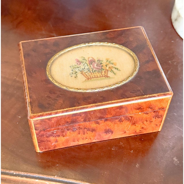 Mid Century Austrian Burlwood Box With Embroidered Insert For Sale - Image 13 of 13